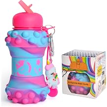 Kids Water Bottle with Keyring – 500ml Girls & Boys Drinks Bottle - Foldable Collapsible BPA Free Childrens Water Bottle - Kids Water Bottles for School - Unicorn Gift