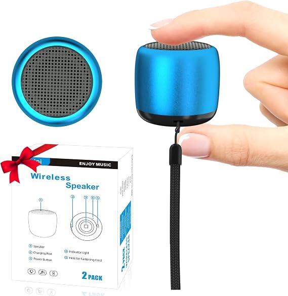 2Pack Portable Mini Speaker, Bluetooth Tiny Speaker for Shower, Room, Bike, Rechargeable Battery, Built-in Microphone with Strap to Carry, Blue