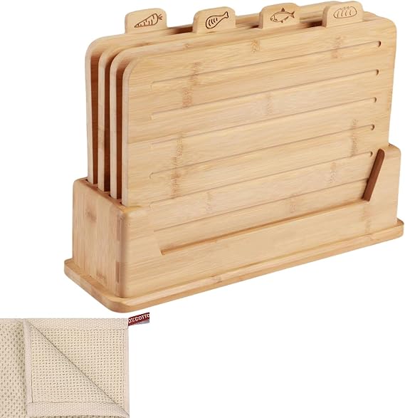 Bamboo Cutting Boards with Holder, Wooden Cutting Board Set for Kitchen, Non-Slip with Juice Grooves and Icons, Includes 2 Dishcloths