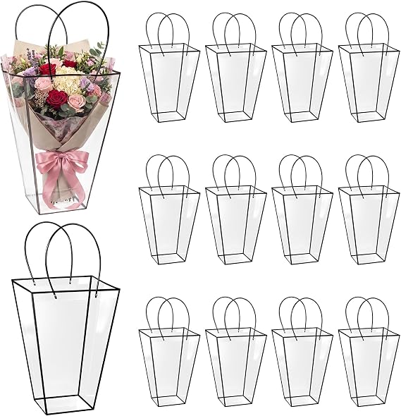 Yexiya 12 Pcs Floral Bags Large Clear Flower Bouquet Bag Bulk with Handle Transparent Florist Wedding Gift Packaging Plastic Gift Birthday Valentine's Mother's Day, 11.4 x 5.9 x 16.7 in (Black Edge)