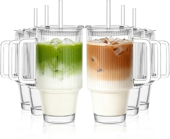 KEMORELA 24 Oz Ribbed Glass Tumblers with Lids and Straws, Tumbler Cup with Handle, Iced Coffee Glassware, Clear Reusable Drinkware for Smoothies and