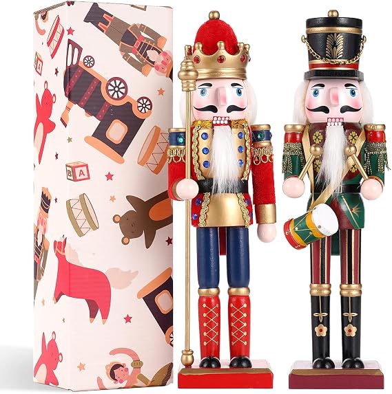2pc Christmas Nutcracker Soldier 30cm Wooden Nutcracker Christmas Decorations for Fireplace - Wooden Figures Indoor Ornaments -Xmas Tabletop Decorations Nutcrackers