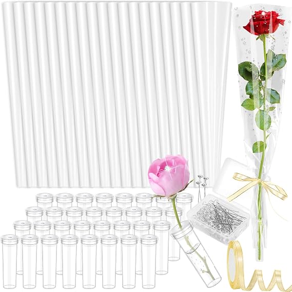 Tetutor 50 Pcs Single Rose Sleeve with 50 Pcs Floral Water Tubes for Bouquets, Single Flower Sleeve Flower Wrapping Bags Flower Water Tubes