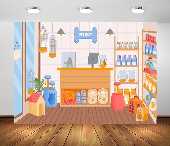 BELECO 7x5ft Fabric Cartoon Pet Shop Backdrop Pet Store with Doghouse Birds Cage Fish Tank Animals Food Photography Background Pet Party Decorations Kids Children Portrait Photoshoot Studio Props
