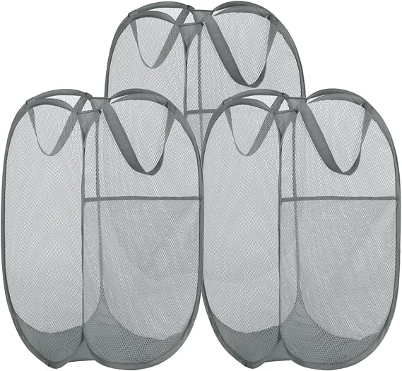 BATTOO 3 Pack Collapsible Laundry Basket Strong Mesh Pop Up Laundry Hamper for Laundry Foldable Hampers with Side Pocket Reinforced Handles for Bathroom, Kids Room, College Dorm or Travel Grey