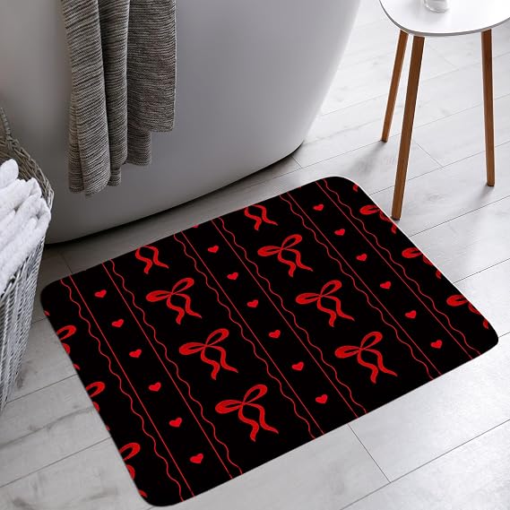 Red Black Bow Heart Bath Mat Romantic Valentine Sweet Love Couple Modern Bathroom Bathtub Floor Rugs Doormat Toilet Decor,16 x 24 in