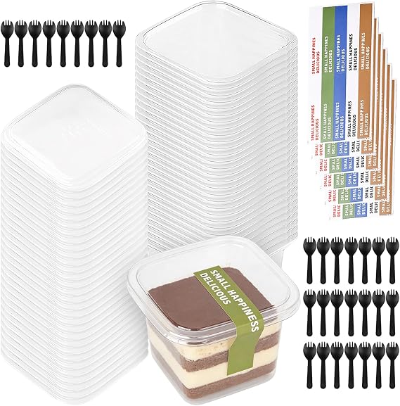 Plastic Dessert Cups with Lids, Clear Parfait Appetizer Cup | Square Dessert Cup Reusable Serving Bowl with Sporks and English Sticker for Desserts Pudding Mousse Party