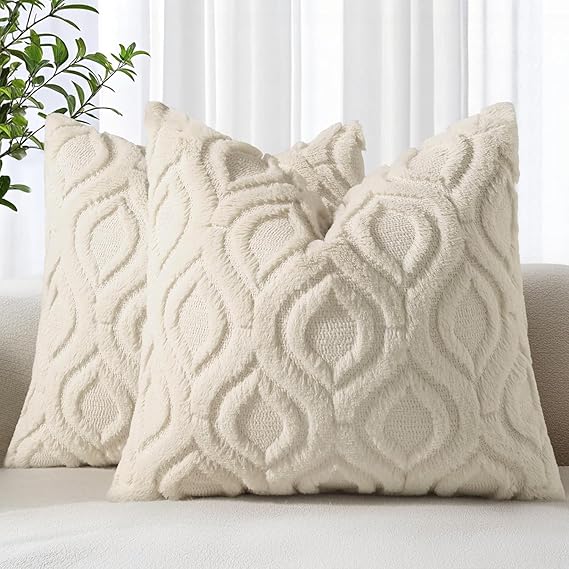 decorUhome Faux Fur Plush Soft Beige Throw Pillow Covers 12x12 Set of 2