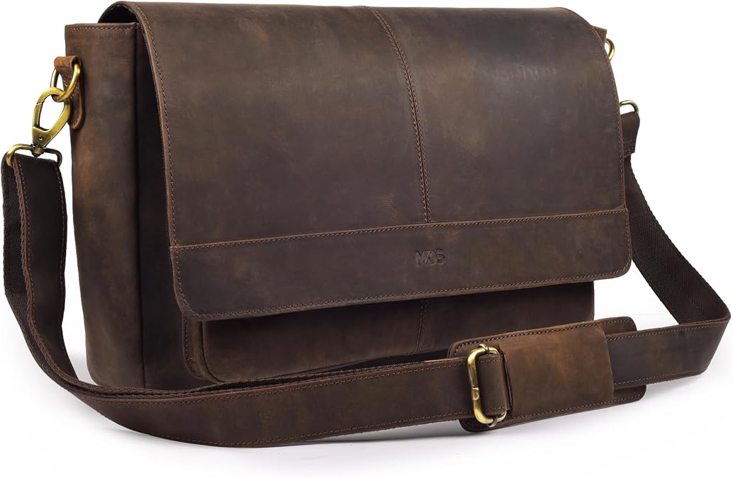 MDS Genuine Leather Messenger Bag - Crossbody Briefcase Satchel Bag for Men & Women - Office, Work, Travel & Daily Use