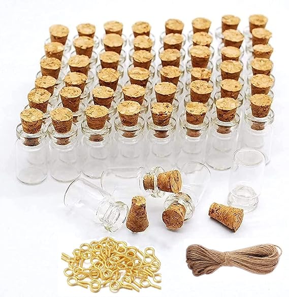 60 Pcs 0.5ml Mini Small Glass Bottles with Cork Stoppers 20 Meters Twines Tiny Glass Jars Mini Glass Vials with Eye Screws Corked Bottle DIY Arts Crafts Projects Decoration Party Favors Gifts