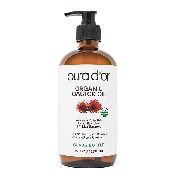 PURA D'OR ORGANIC Castor Oil (GLASS BOTTLE) Pure Cold-Pressed, 16.9oz