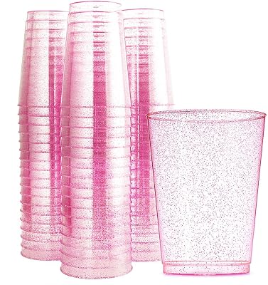 WDF 100pcs 12OZ Rose Gold Cups,Disposable Rose Gold Premium Wedding Glitter Plastic Cups Perfect for Valentines Day, Party