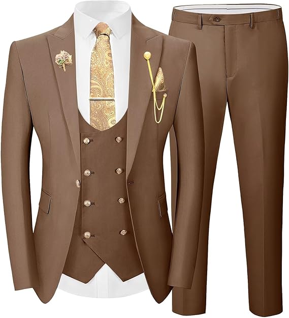 Wangyue 3 Pieces Suits for Mens Slim Fit Gold Button Double Breasted Suit Men Tuxedos Wedding Suits Set Mens White Suit