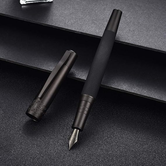 Pure Black Solid Metal Fountain Pen Fine Nib, Senior General Ink Converter Pen Metal Box by Hongdian