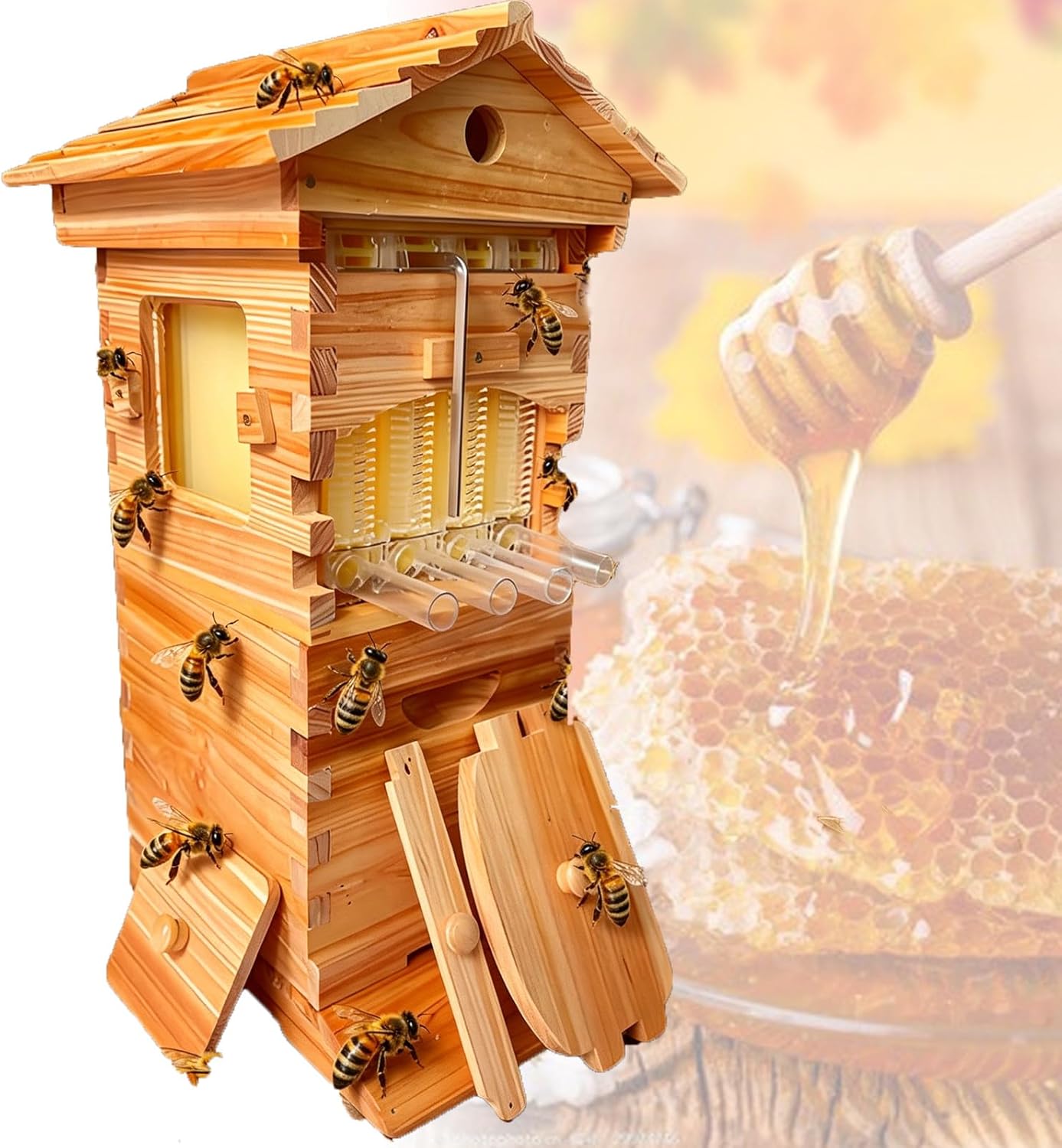 Beehive Starter Kit with 4 Flow Frames & 6 Brood Boxes, Wooden B-ee Hive House Beehive Box, with Transparent Observation Window & Automatic Honey Flow, for Home Beekeeping Enthusiasts