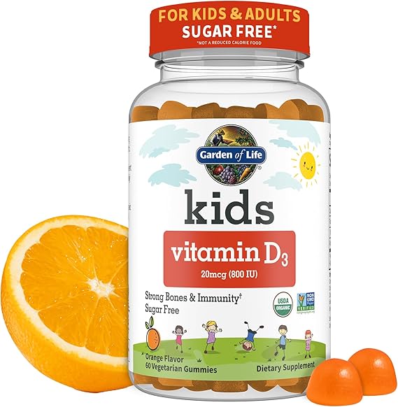 Garden of Life Kids Organic Vitamin D3 Gummies with 800 IU (100% Daily Value) for Strong Bones, Teeth, Brain & Immunity Non-GMO, No Gluten, Vegetarian, Sugar Free, Orange Flavor, 60 Servings