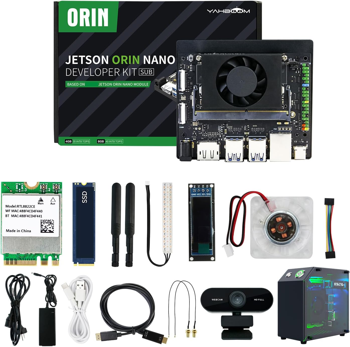 Yahboom Jetson Orin Nano 8GB Developer Bot Kit 40TOP Math 256GB SSD, Jetson Housing, RGB Cooling Fan, USB Microphone Camera, Electronic Kit Artificial Intelligence Ubuntu 20.04 Robot, Electronic
