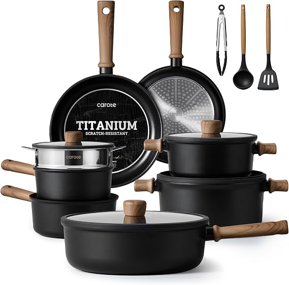 CAROTE Nonstick Pots and Pans Set, Cookware Set | Titanium Reinforced Coating, Scratch-Resistant, Easy to Clean, Even Heating, Induction Compatible, with Frying Pans Set