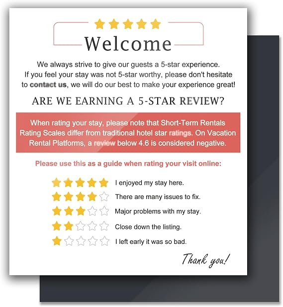 2pcs Guest Re-View Ra-ting Magnet, 6"X5.5" Essential Airbnb Essentials for Hosts, Airbin Welcome Signs Sticker Explanation with Premium 35 Mil Magnet, Guest Room, Vacation Rental & VRBO Properties