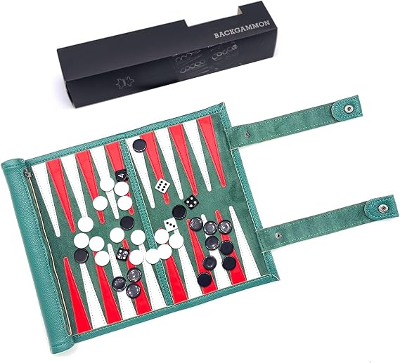 Travel Backgammon Set, Portable 18.5inch Leather Backgammon Sets, Roll-Up Travel Backgammon Game, Tactical Board Game Ideas (Green)