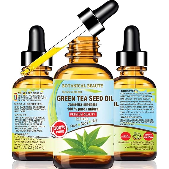 Botanical Beauty GREEN TEA SEED OIL Camellia Sinensis Oil 100% Pure Natural Undiluted Cold Pressed Carrier Oil for Face, Skin, Hair, Nails, Rich in Vitamin C, Vitamin E (1 Fl Oz)