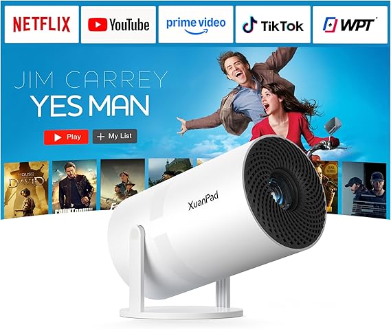 Bone white Projector & Built-in AppsXuanPad Mini Projector with Wi-Fi and Bluetooth, Full HD 1080P Smart Portable Projector with 210 Stand, Auto Vertical Keystone, Compatible with HDMI/USB/TV Stick