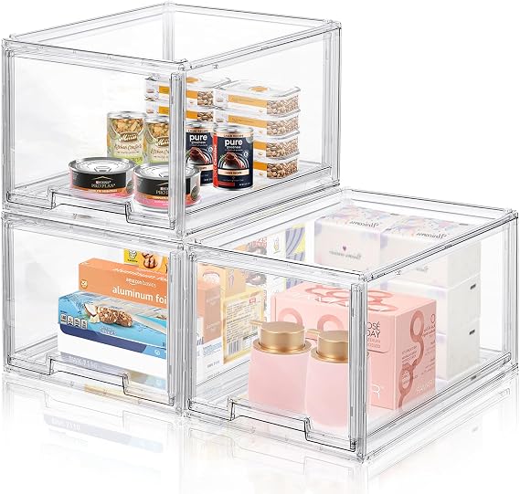 3 Packs Large Plastic Stackable Storage Drawers, DILIBRA Clear Storage Bins Organizer with Pull Out Drawers, Snacks Storage Organizer for Kitchen Cabinet Closet Shelf Pantry Organizers and Storage