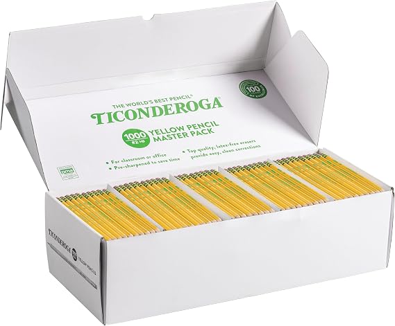 Ticonderoga Wood-Cased Pencils, Pre-Sharpened | #2 HB Soft, Yellow, 1000 Count, Standard Size, High Quality Eraser