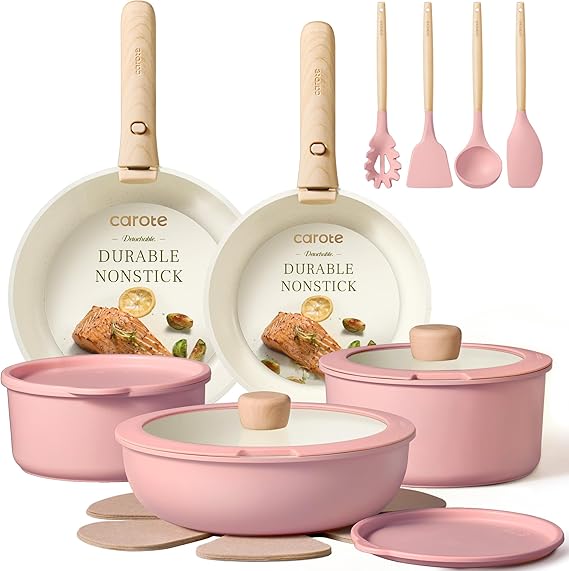 CAROTE 19pcs Pots and Pans Set Non Stick, Cookware Set Detachable Handle | Induction Compatible, Dishwasher & Oven Safe, Space Saving, Camping Cooking Set, Kitchen Set, Pink
