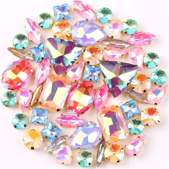 Rhinestones, Gold Claw Sew On Rhinestone 50Pcs/Bag Shapes Mix Rainbow Color Glass Crystal DIY Applique(Jelly AB Mix)