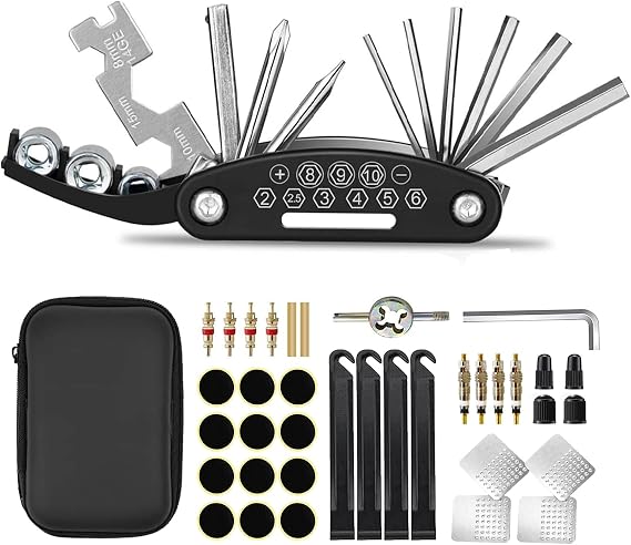 Kitbest Bike Repair Tool Kit, Bicycle Puncture Tire Patch Repair Tool Kit Contains 16-in-1 Bicycle Multi Tools, Portable Cycling Road Mountain Bike Accessories