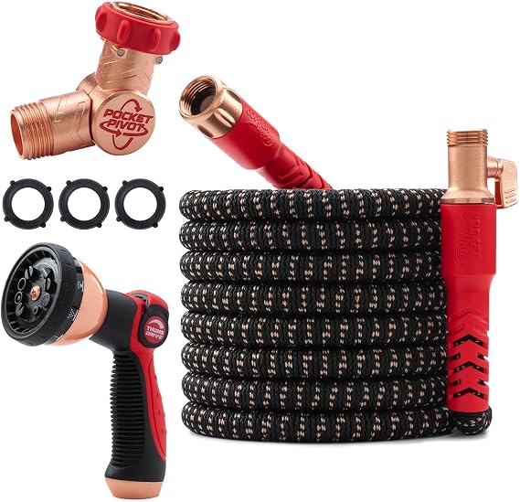 Pocket Hose 75 FT Copper Head Hose, Pocket Pivot, No Tangles, Anti-Burst | Pocket Pivot connector swivels 360, Tri-Tex tubing, Force Field Jacket, 3x stronger, lead-free, no-kink, and anti-burst