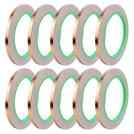 10 Pack Copper Tape with Double Side Conductive Adhesive,Copper Foil Tape Self Adhesive EMI Shielding,Paper Circuits,Electrical Repairs,Guitar Repairs,Grounding,Stained Glass,Crafting(1/4"x21.9yards)