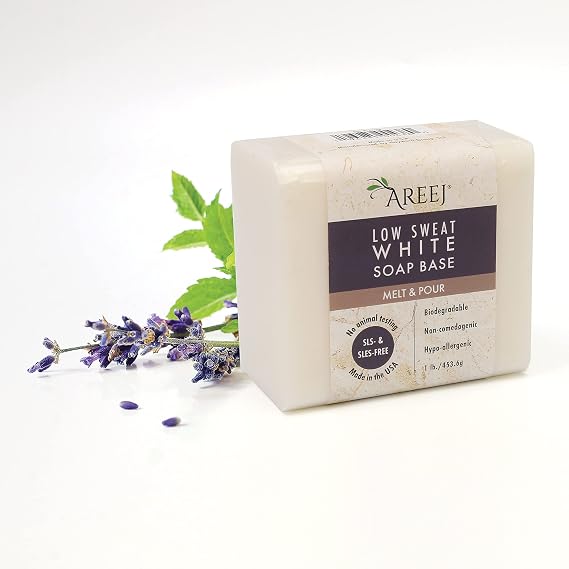 Areej Low Sweat White Soap Base - Melt & Pour Style - Hypoallergenic, Non-GMO, SLS-Free - 100% Natural Glycerin - Make Handmade, Natural Soaps from Safe Ingredients - 1LB Package