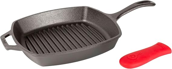 Lodge Square Cast Iron Grill Pan 10.5 Inches - Pre-Seasoned Square Skillet - Ridged Burger Grill Pan - Even Heat Distribution - PFAS-Free Non-Toxic Cookware
