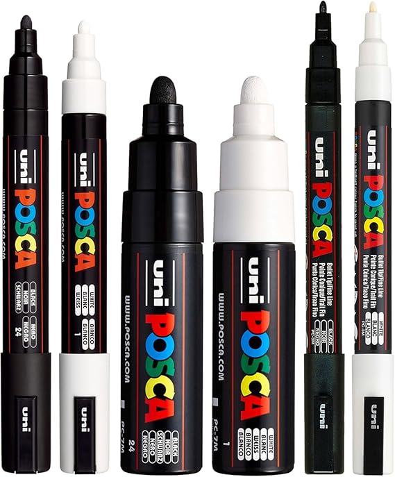 POSCA Black & White Bullet Tip - Set of 6 Pens (PC-5M, PC-7M, PC-3M)