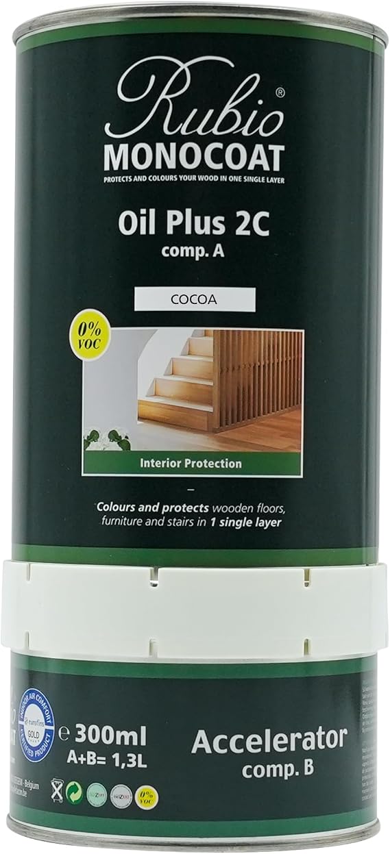 Rubio Monocoat Wood Stain & Finish 650 ft2 | Oil Plus 2C | Quick-Dry, Eco-Friendly Linseed Wood Oil for Indoor Use, Includes Accelerator (Part B) | Protector | 1.3 L, Cocoa