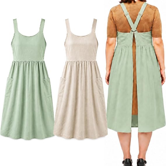 Cotton Linen Apron Cross Back Apron for Women with Pockets Pinafore Dress
