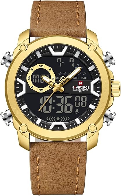 NAVIFORCE Bussiness Super Style Men's Wristwatches Dual Display Time Genuine Leather 3ATM Waterproof Alarm Watches