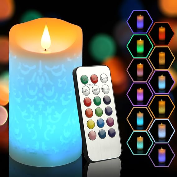NICEME 6" LED Multi Colored Flameless Candle with Remote Control Timer Realistic Wax Color Changing Candle Battery Operated Flickering Candle