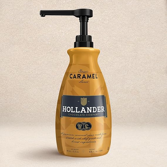 Classic Caramel Cafe Sauce by Hollander Chocolate Co. | For Caramel Lattes & Deserts | Perfect for the Professional or Home Barista - Net Wt. 91oz (64 fl Oz) Large Bottle (PUMP Included) | For Caramel Lattes & Desserts, American Cane Sugar & Sea Salt, GMO-Free, Gluten/Soy-Free, Corn-Syrup Free