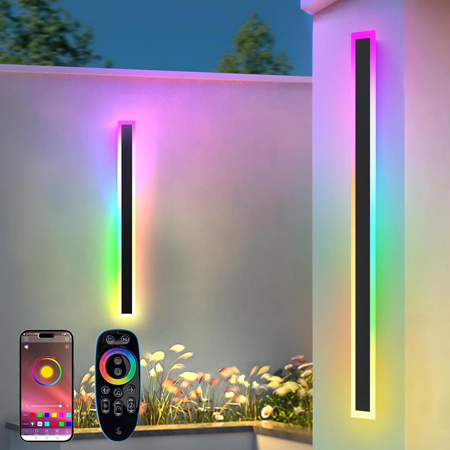 Outdoor RGB Wall Lights, 60CM 2 Pack RGB/Warm/White Dimmable Modern Led Wall Lighting, Long Wall Sconce with Remote and APP Control for Outdoor/Indoor Party Gathering