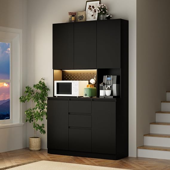 Tatub 74 Pantry Cabinet with Power Outlet, Kitchen Hutch with Storage & Microwave Shelf, Black Kitchen Pantry Storage Cabinet with LED Light Strip