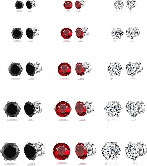 15 Pairs Magnetic Stud Earrings Cubic Zirconia Non-Piercing Earrings Set Clip on Fake Earring Jewelry for Women Men 4-5-6-7-8MM White Black Blue Red Color