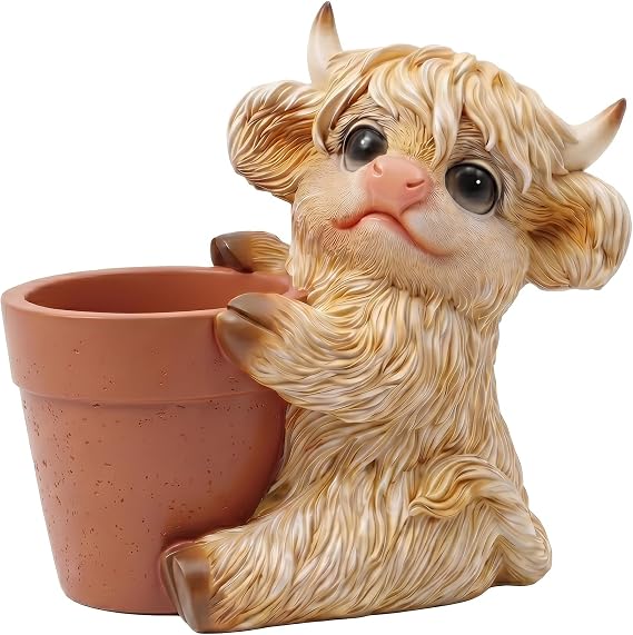 Highland Cow Planter, Whimsical Farmhouse Decorative Flower Pot | Resin Cow Planter, Whimsical Farmhouse Flower Pot, Tabletop Succulent Container, Bottom Drainage Hole, Novelty Decor
