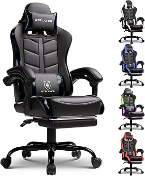 GTPLAYER Gaming Chair with Footrest, Computer Gaming Chair for Adults and Kids, Height Adjustable Gamer Chair with 90-155 Recline & Removable Headrest Lumbar Support,Colorful Black
