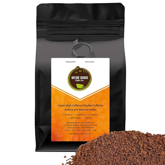 Super High Caffeine Coffee, Double Caffeine, Arabica-Robusta | Organic | Fresh Roasted | Ground 2lb 1-Pack