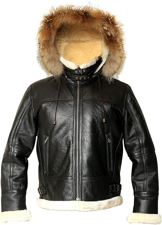 Men B3 Bomber Real Shearling Aviator Black Sheepskin Leather Pilot Flight Jacket Removable Hood