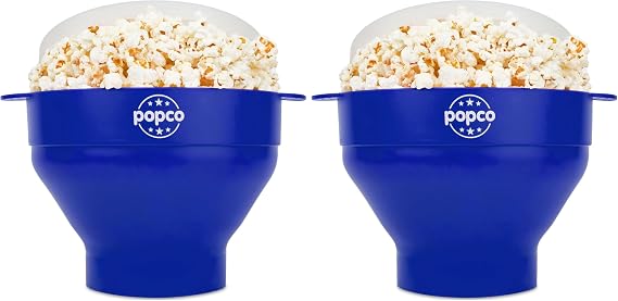 POPCO Silicone Microwave Popcorn Popper with Handles - Popcorn Maker - Pop Corn Microwave Popper - Collapsible Bowl - Dishwasher Safe - 15 Colors Available (Blue) (Pack of 2)