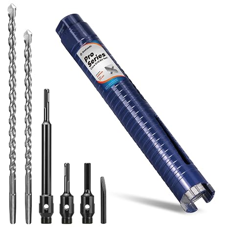 Pro 38mm x 240mm Core Drill Bit Set, Includes 3 Adapters(240mm & Regular SDS Plus, Hex), 2 Extra Long Centre Bits - For Deep Holes in Concrete, Brick, Block, Stone - 1/2" BSP Thread